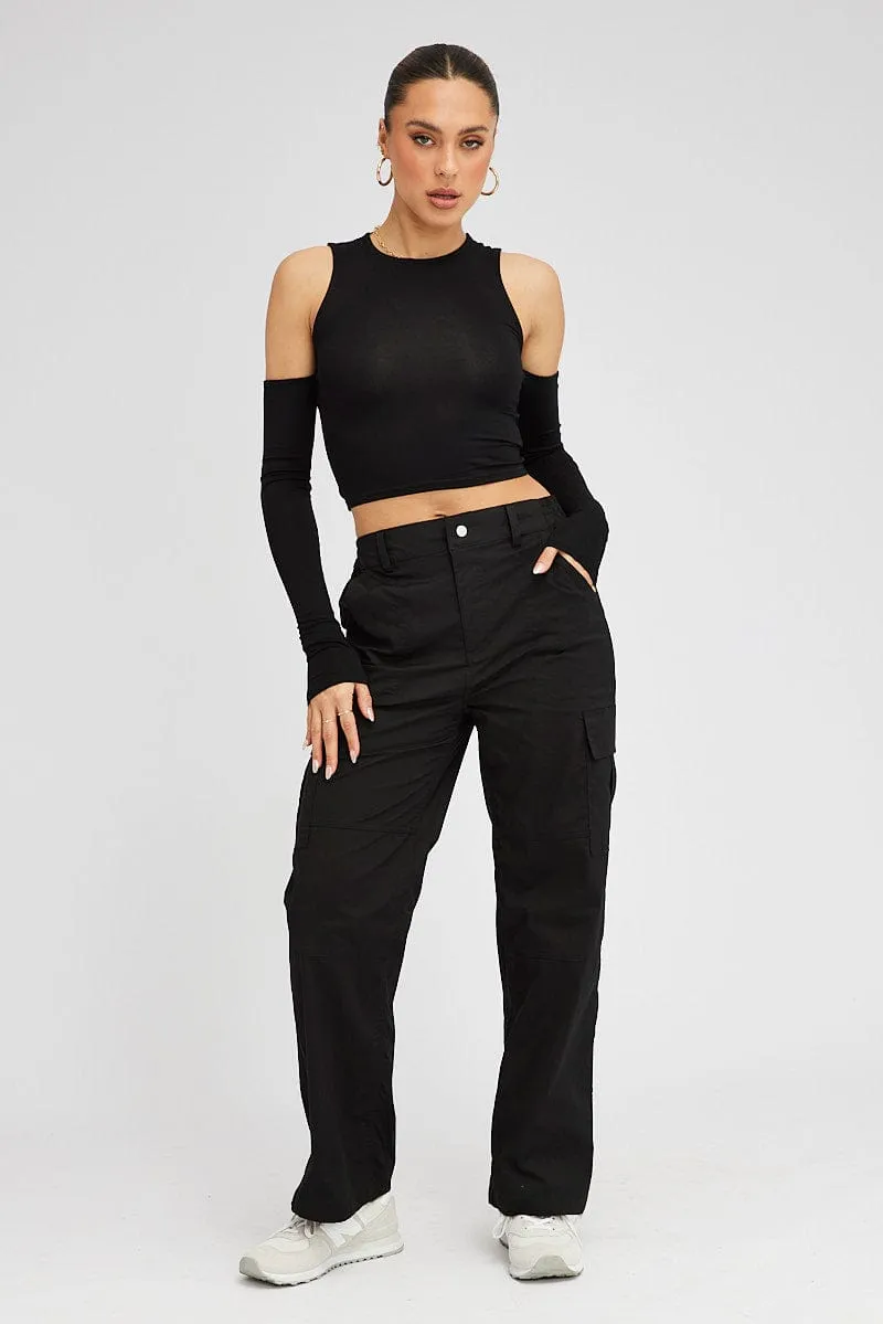 Black Top Long Sleeve Mock Neck Cold Shoulder Jersey