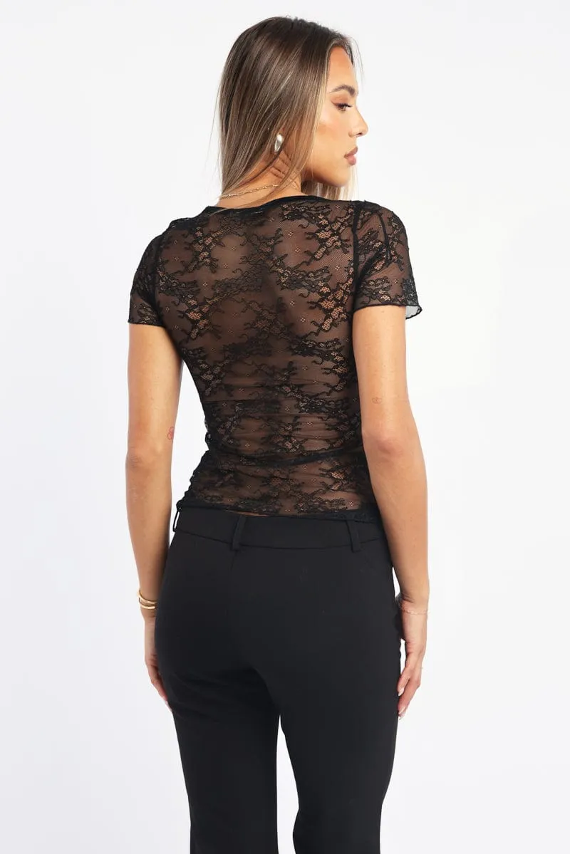Black V-neck Top Short Sleeve Lace