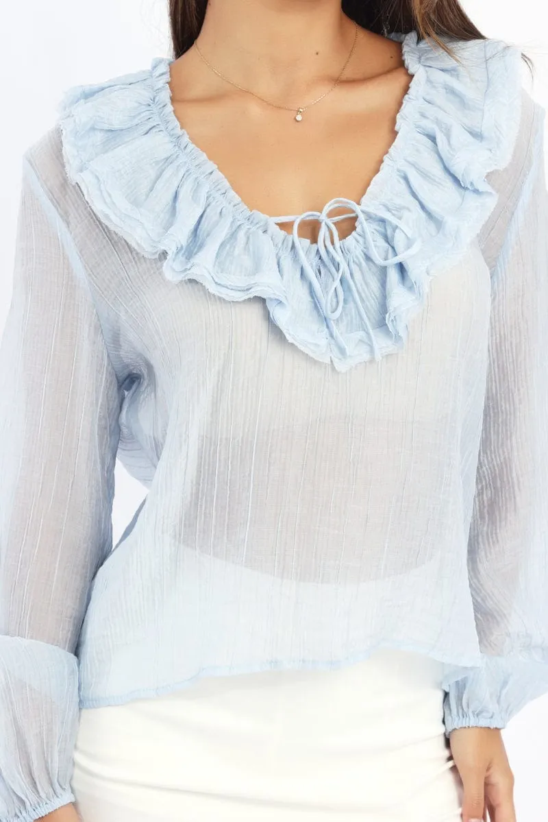 Blue Poet's Top V Neck Long Sleeve Frilled