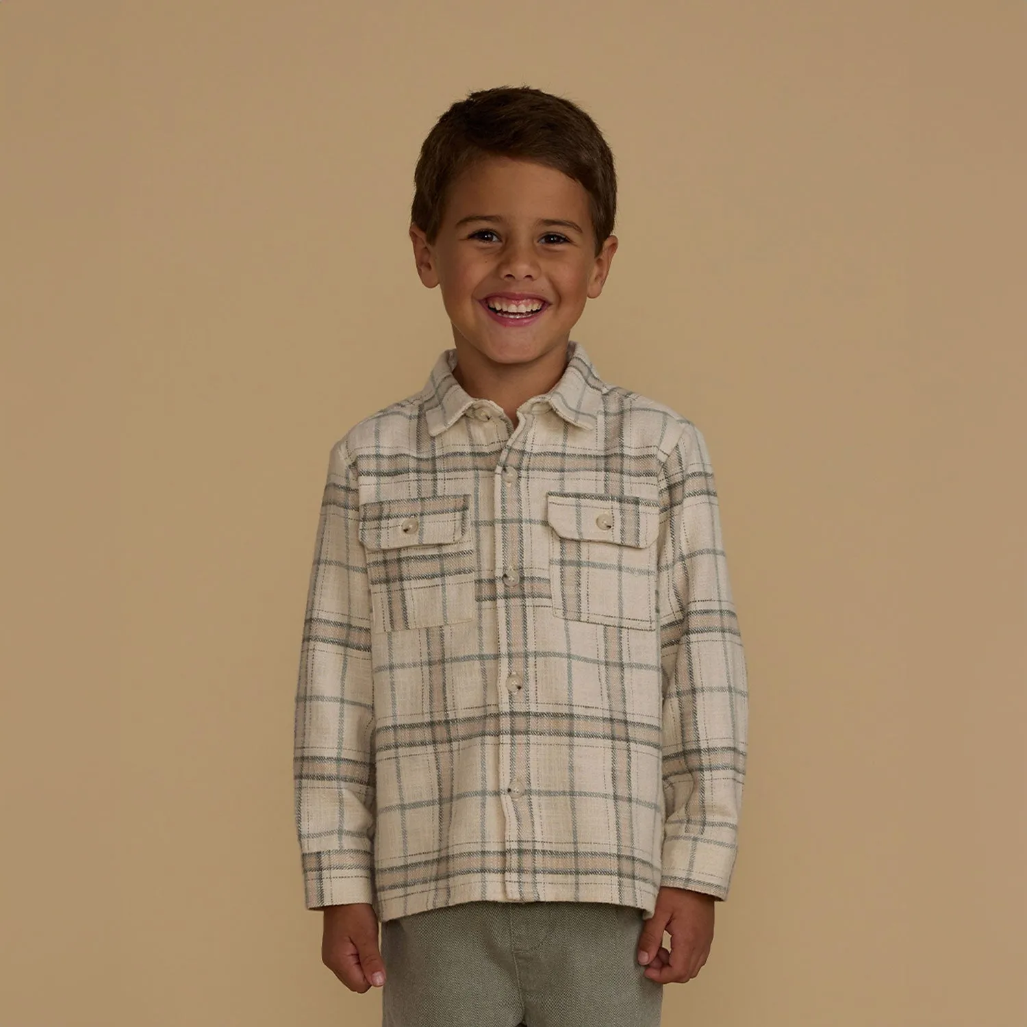 Collared Long Sleeve Shirt - Rustic Plaid - Stone - FINAL SALE
