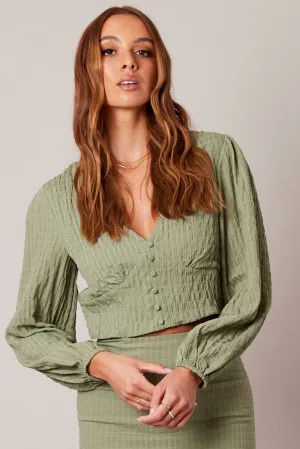 Green Crop Top Long Sleeve Textured