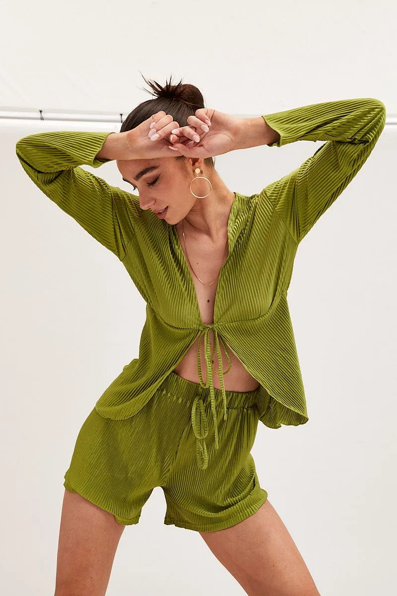 Green Tie Front Long Sleeve Top