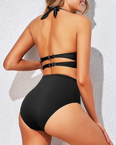 Halter Mesh V-Neck Swim Top & High Waist Two Piece Set