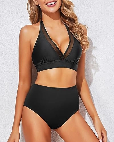 Halter Mesh V-Neck Swim Top & High Waist Two Piece Set