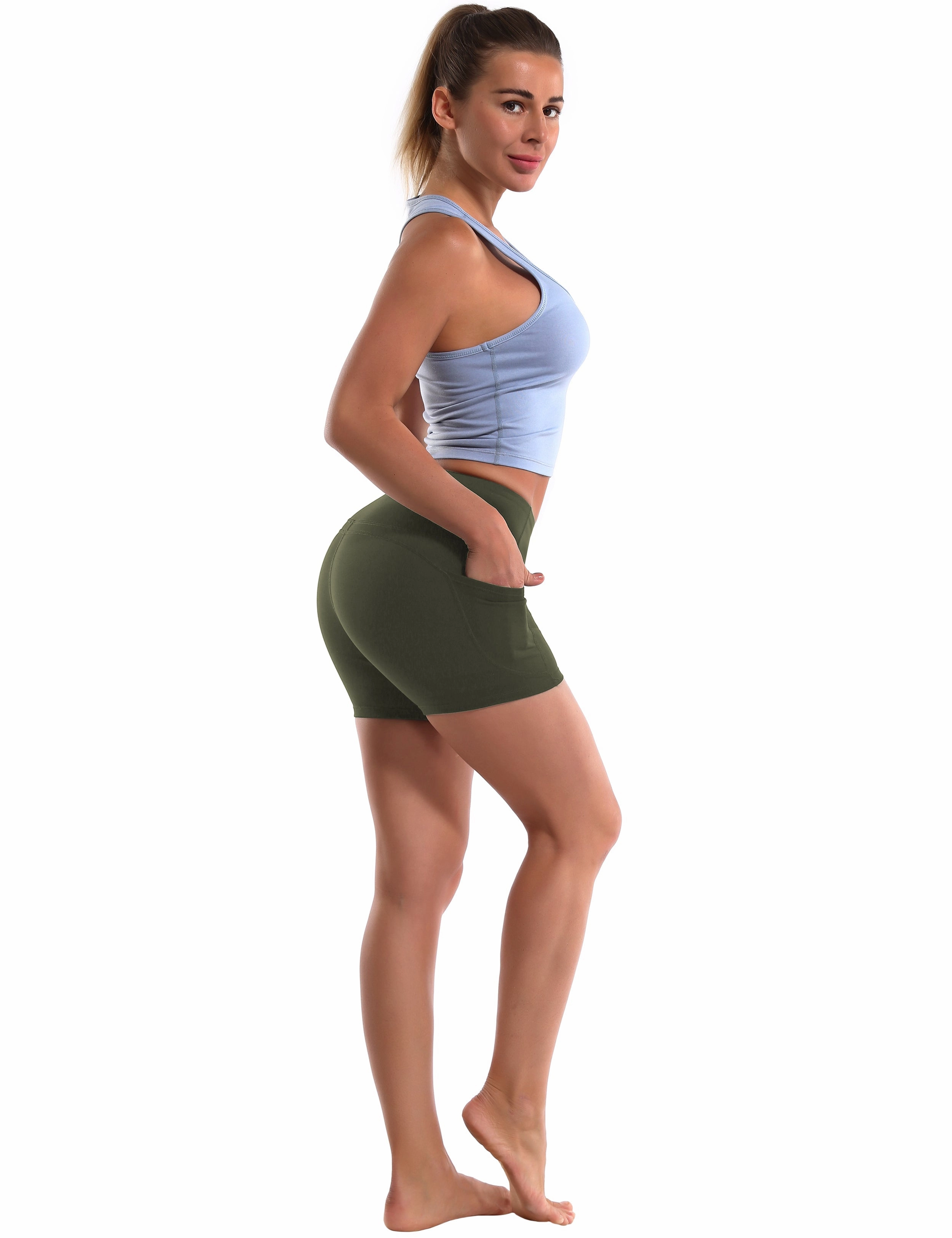 High Waist Side Pockets Tall Size Shorts green_Tall Size