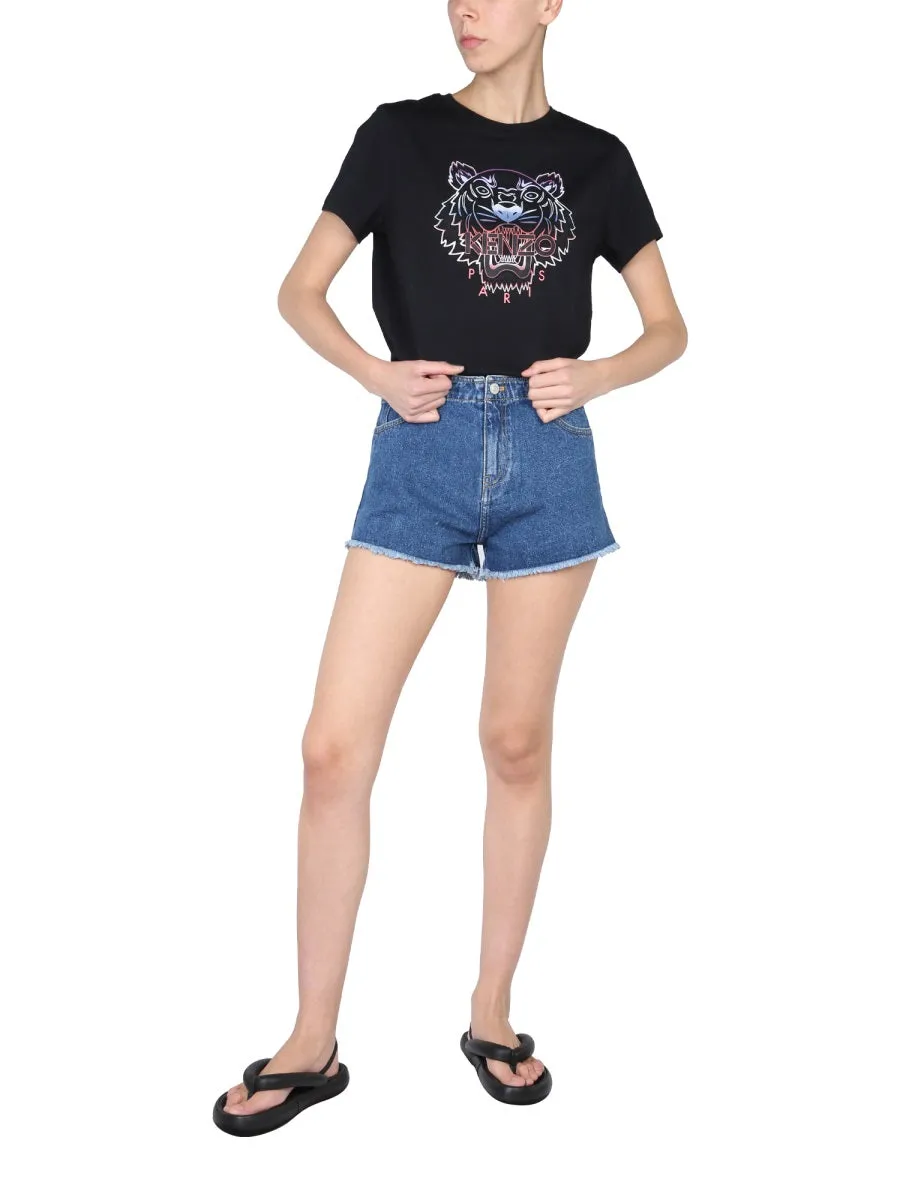 Kenzo Mid-Rise Fringed Edge Denim Shorts
