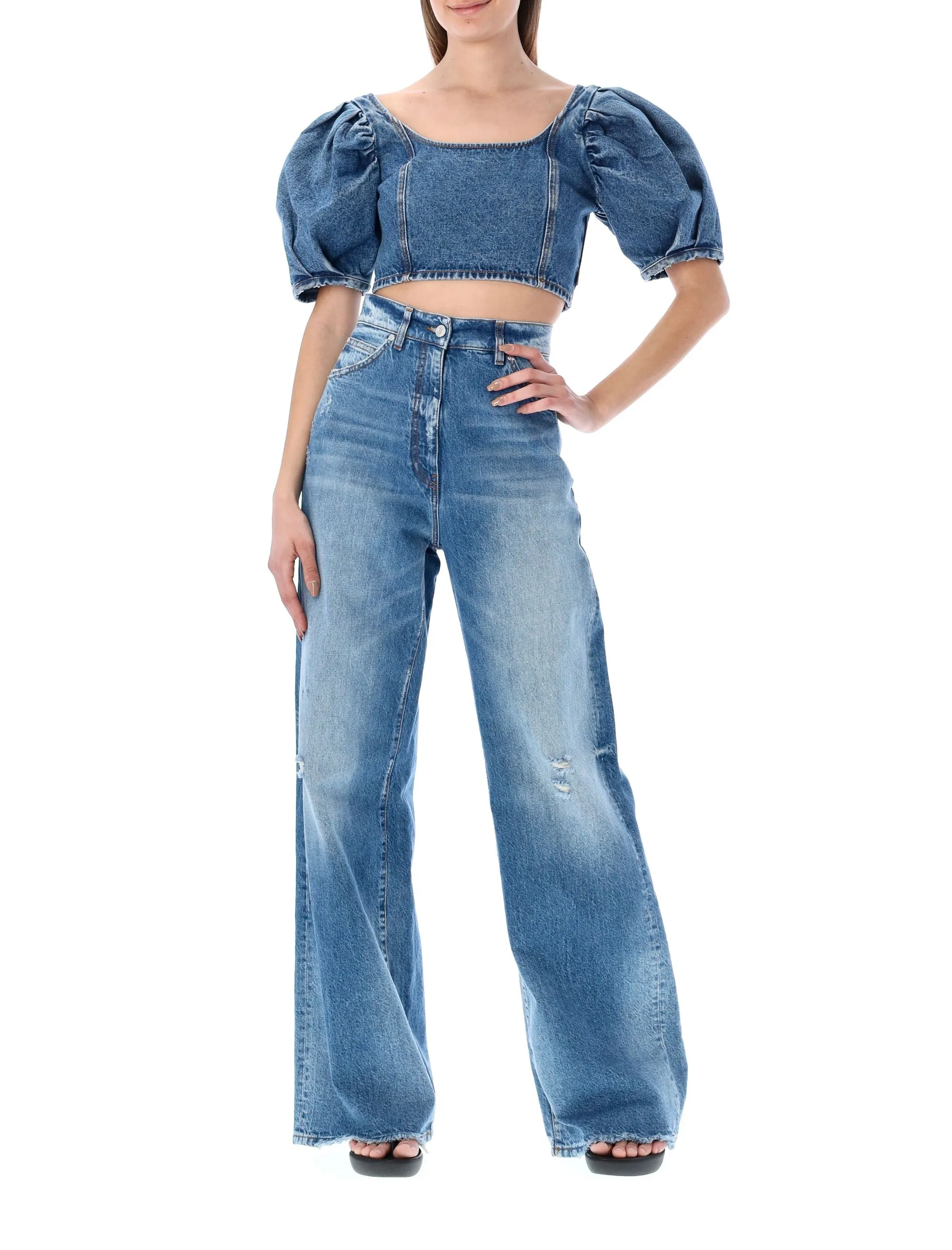 MSGM Puff Sleeved Denim Crop Top