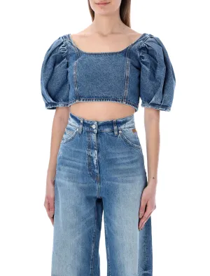 MSGM Puff Sleeved Denim Crop Top