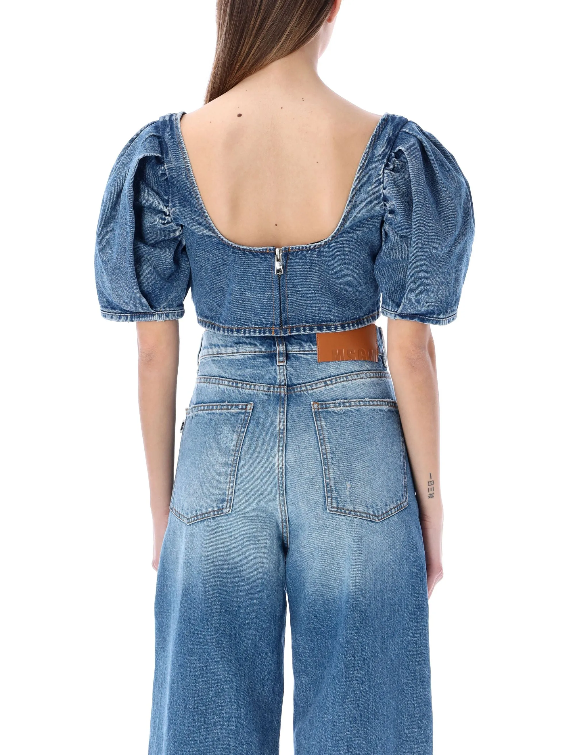 MSGM Puff Sleeved Denim Crop Top
