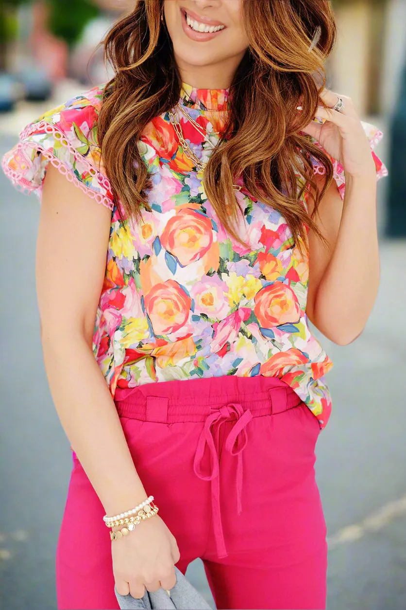 Painted Peonies Eyelet Trim Blouse