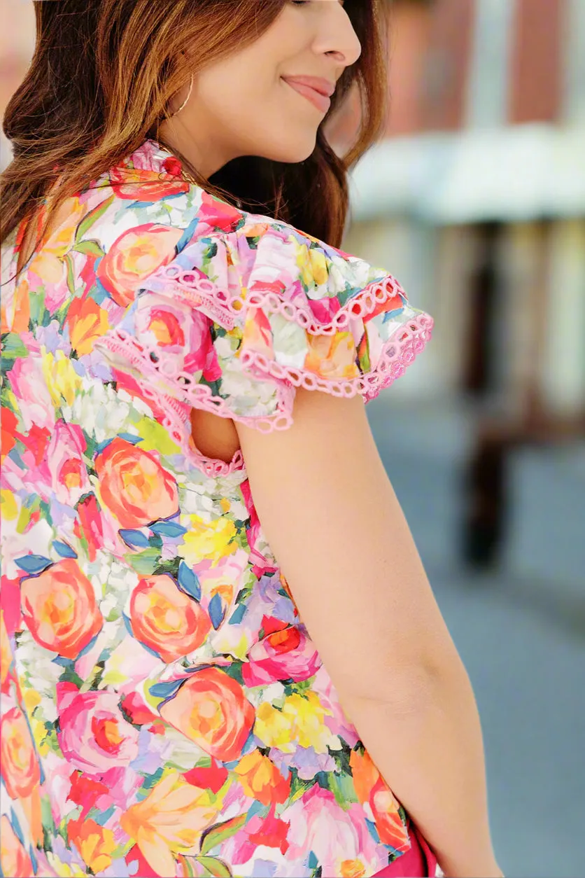 Painted Peonies Eyelet Trim Blouse