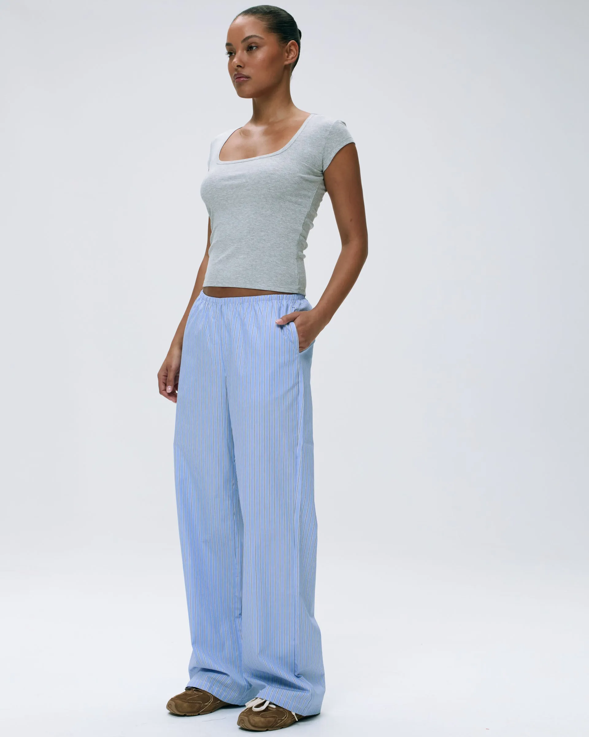 Rib Short Sleeve Scoop Neck Top - Light Grey Melange