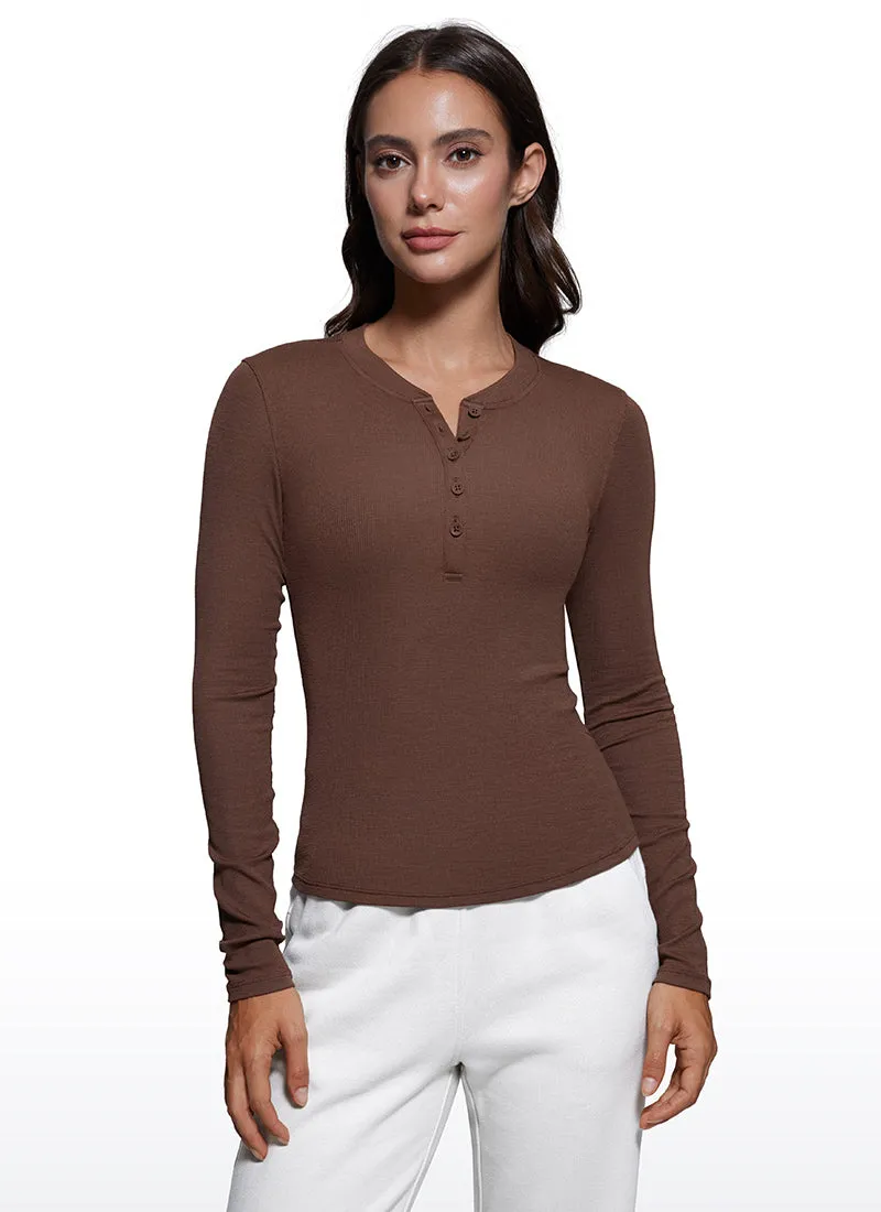 Ribbed Modal Henley Shirts Long Sleeves