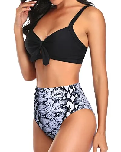 Trendy Removeable Padded Push Up Women High Waisted Bikini Set-Black And White Snake Print