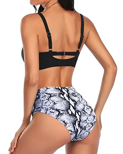Trendy Removeable Padded Push Up Women High Waisted Bikini Set-Black And White Snake Print