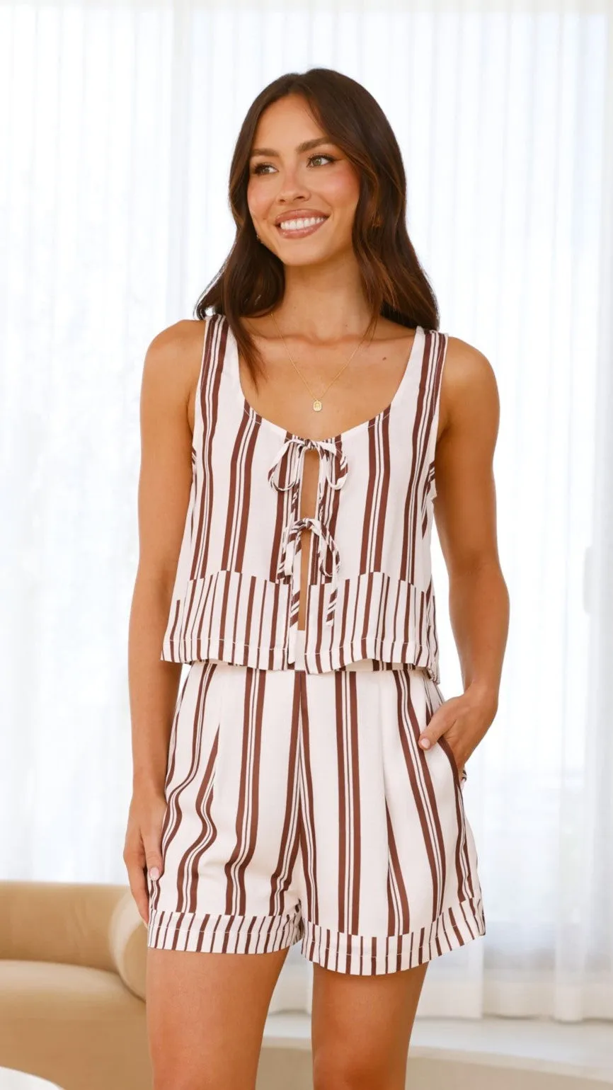 Urja Tie Front Top - Brown / White Stripe