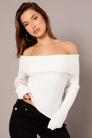 White Knit Top Long Sleeve Off Shoulder