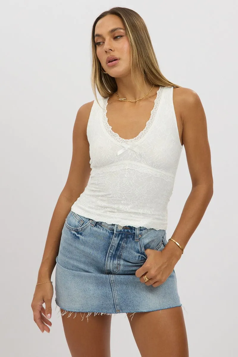 White Lace Top Sleeveless V Neck