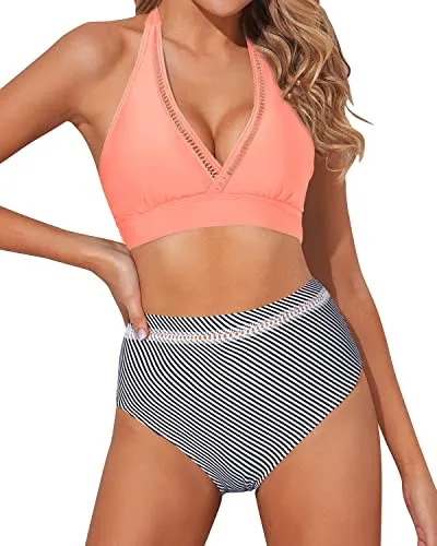 Women's Bikini Sets Halter Padded Bra Two Piece Swimsuits-Coral Pink Stripe