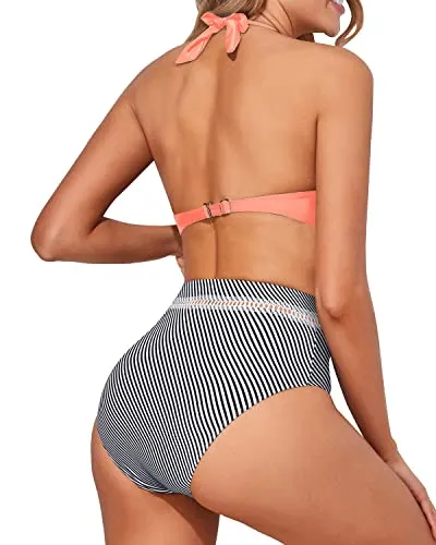 Women's Bikini Sets Halter Padded Bra Two Piece Swimsuits-Coral Pink Stripe