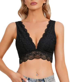 YIANNA Lace Bralette, Women's Deep V Neck Unpadded Lace Long Line Plunge Bralette Bra